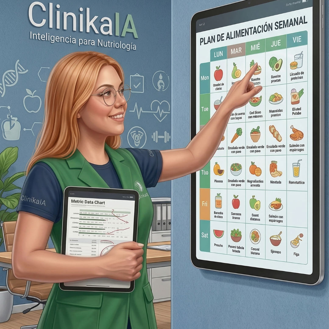 Nutrióloga usando ClinikaIA para crear un plan de alimentación semanal automático en una pantalla interactiva.