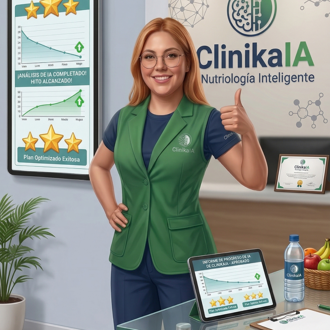 Nutrióloga feliz por los resultados y el ahorro de tiempo usando la app y software inteligente ClinikaIA.